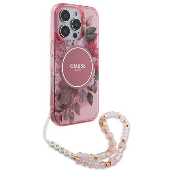 Guess iPhone 16 Pro Max - IML Flowers With Pearl Strap MagSafe - Σκληρή Θήκη με Πλαίσιο Σιλικόνης και Λουράκι - Pink - GUHMP16XHFWBRCESP