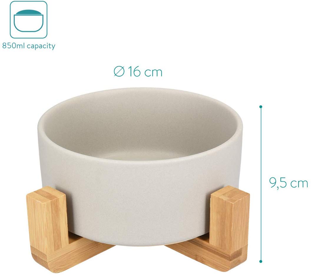 Navaris Cat Bowls with Wood Stands - Σετ με 2 Μπολ Φαγητού και Νερού με Βάση από Μπαμπού για Κατοικίδια - Grey / Brown - 48350.22