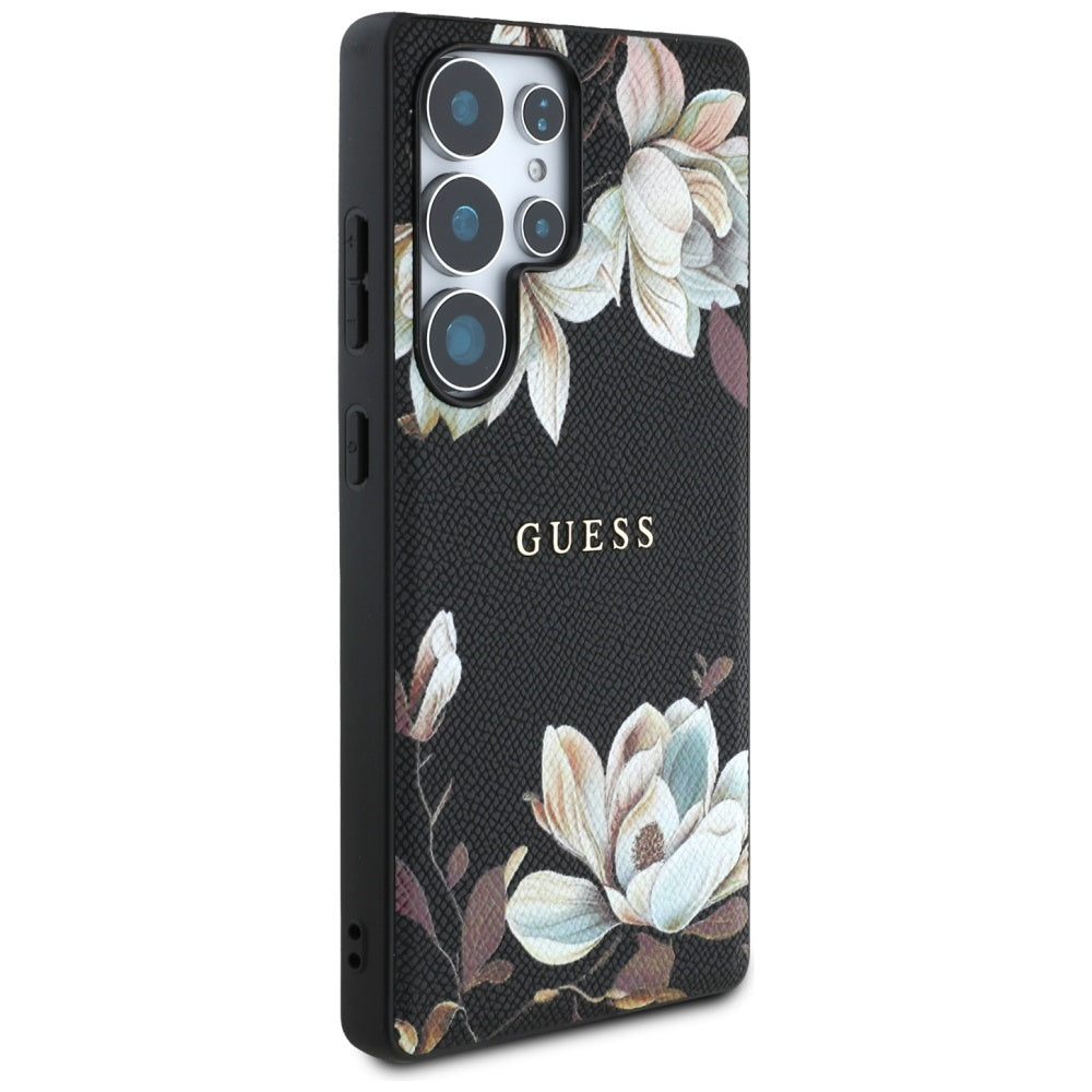 Guess Samsung Galaxy S25 Ultra - Grained Printed Flower Pattern - Θήκη με Επένδυση Συνθετικού Δέρματος και MagSafe - Black - GUHMS25LPGNMPLMK