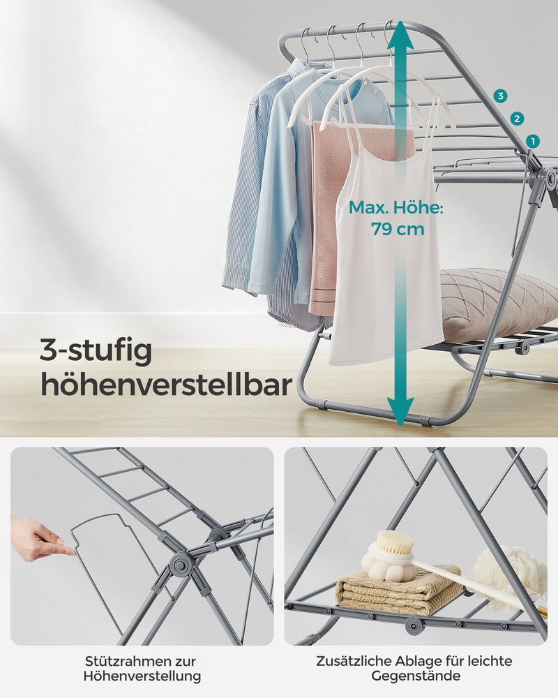 Songmics Πτυσσόμενη Μικρή Μεταλλική Απλώστρα Ρούχων - 44 x 101 x 54 cm - Dove Grey - LLR504G01