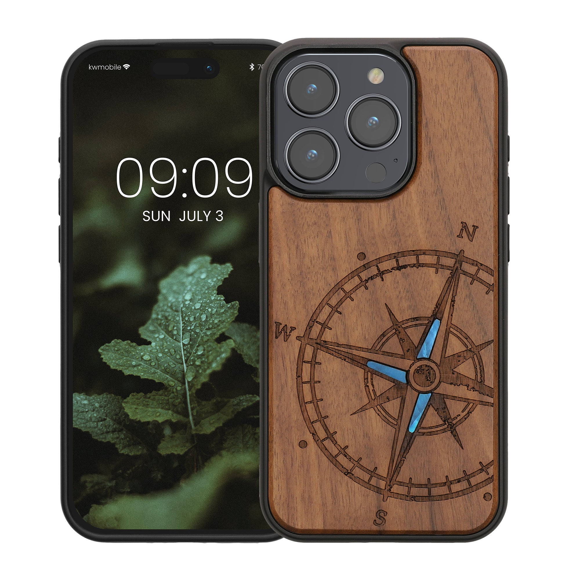 KW iPhone 15 Pro Θήκη από Φυσικό Ξύλο - Design Navigational Compass Mother of Pearl - Dark Brown