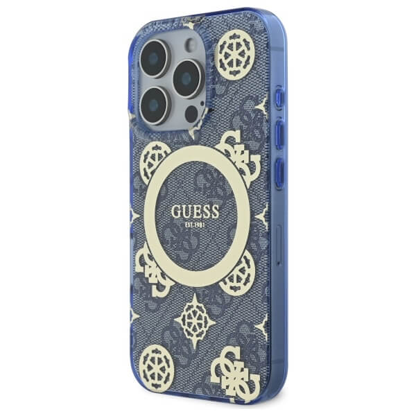 Guess iPhone 16 Pro - IML Peony On 4G Background MagSafe - Θήκη με Επένδυση Συνθετικού Δέρματος - Blue - GUHMP16LH4PYEEB