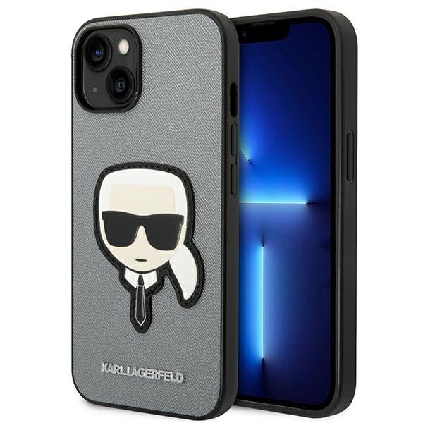 Karl Lagerfeld iPhone 14 - Saffiano Karl's Head Patch Σκληρή Θήκη με Επένδυση Συνθετικού Δέρματος και Πλαίσιο Σιλικόνης - Silver - KLHCP14SSAPKHG