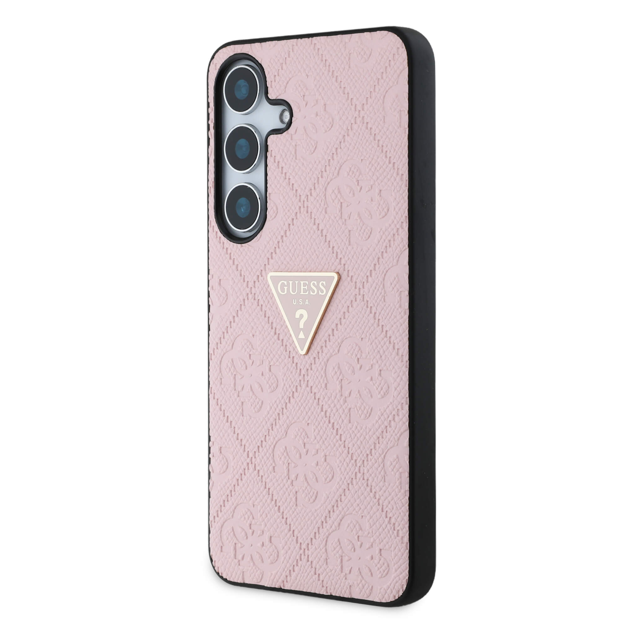 Guess Samsung Galaxy S25 - Hot Stamp 4G Pattern Triangle Metal Logo - Θήκη με Επένδυση Συνθετικού Δέρματος και Πλαίσιο Σιλικόνης - Pink - GUHCS25SPGP4STRP