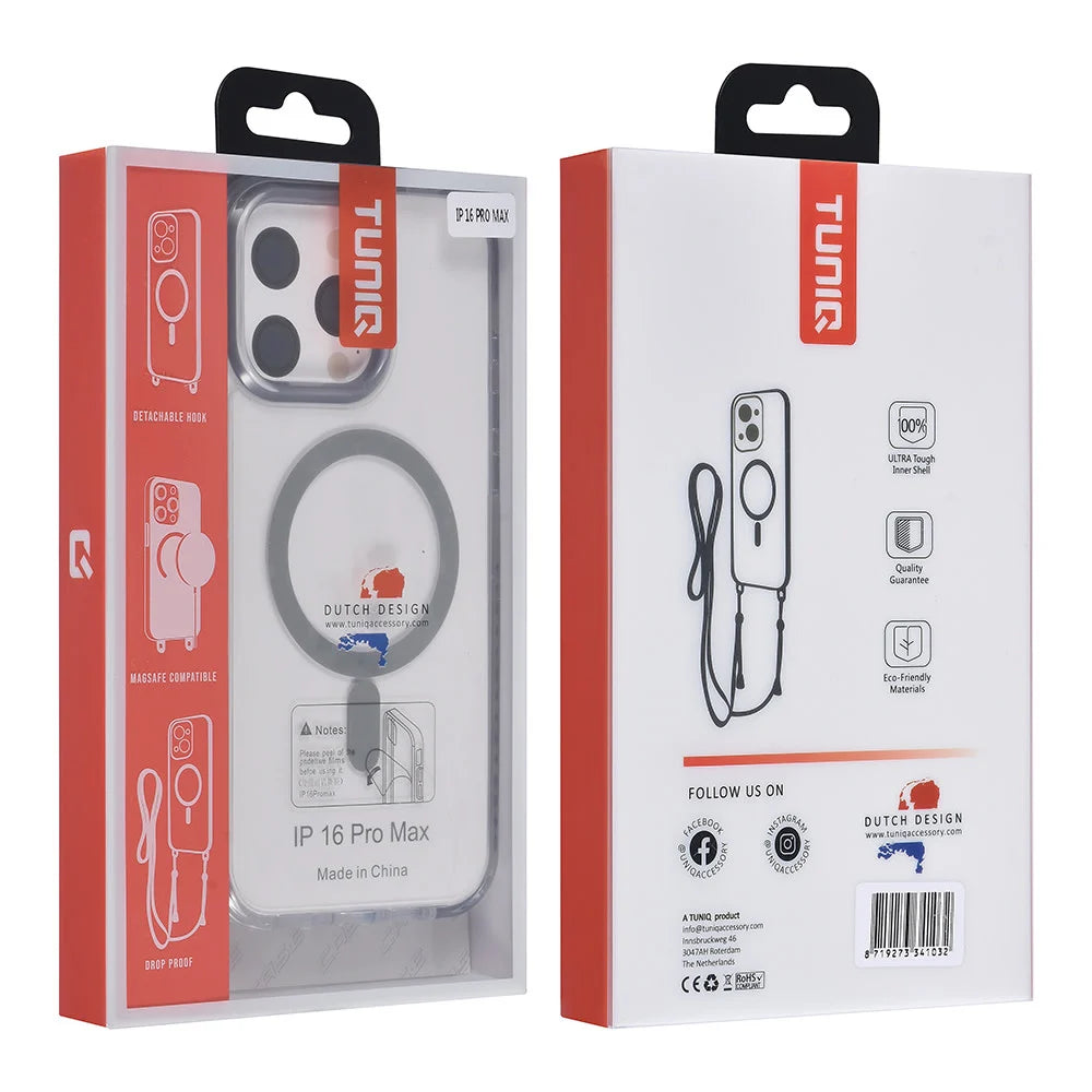 Tuniq iPhone 16 Pro Max - MagSafe Σκληρή Θήκη με Πλαίσιο Σιλικόνης και Λουράκι - Διάφανη / Grey