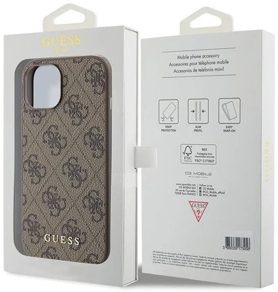 Guess iPhone 15 - 4G Metal Gold Logo Σκληρή Θήκη με Επένδυση Συνθετικού Δέρματος - Brown - GUHCP15SG4GFBR