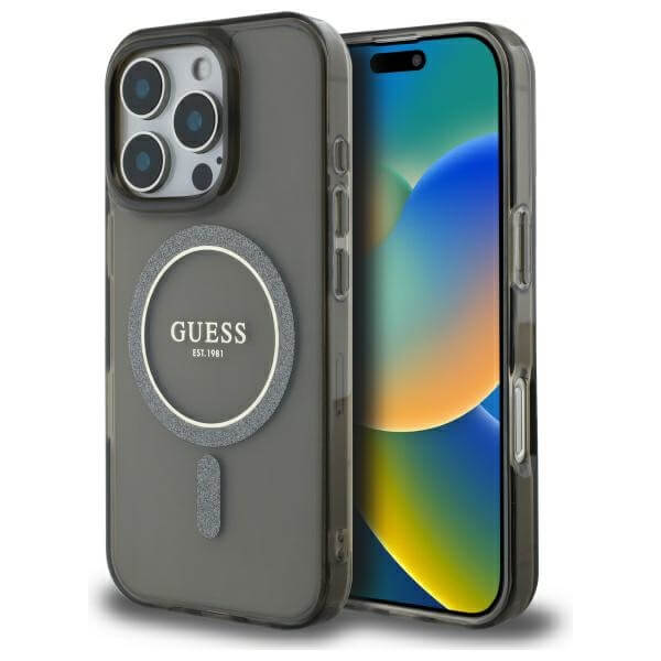 Guess iPhone 16 Pro - IML Glitter Circle - MagSafe Σκληρή Θήκη με Πλαίσιο Σιλικόνης - Black - GUHMP16LHFGEREK