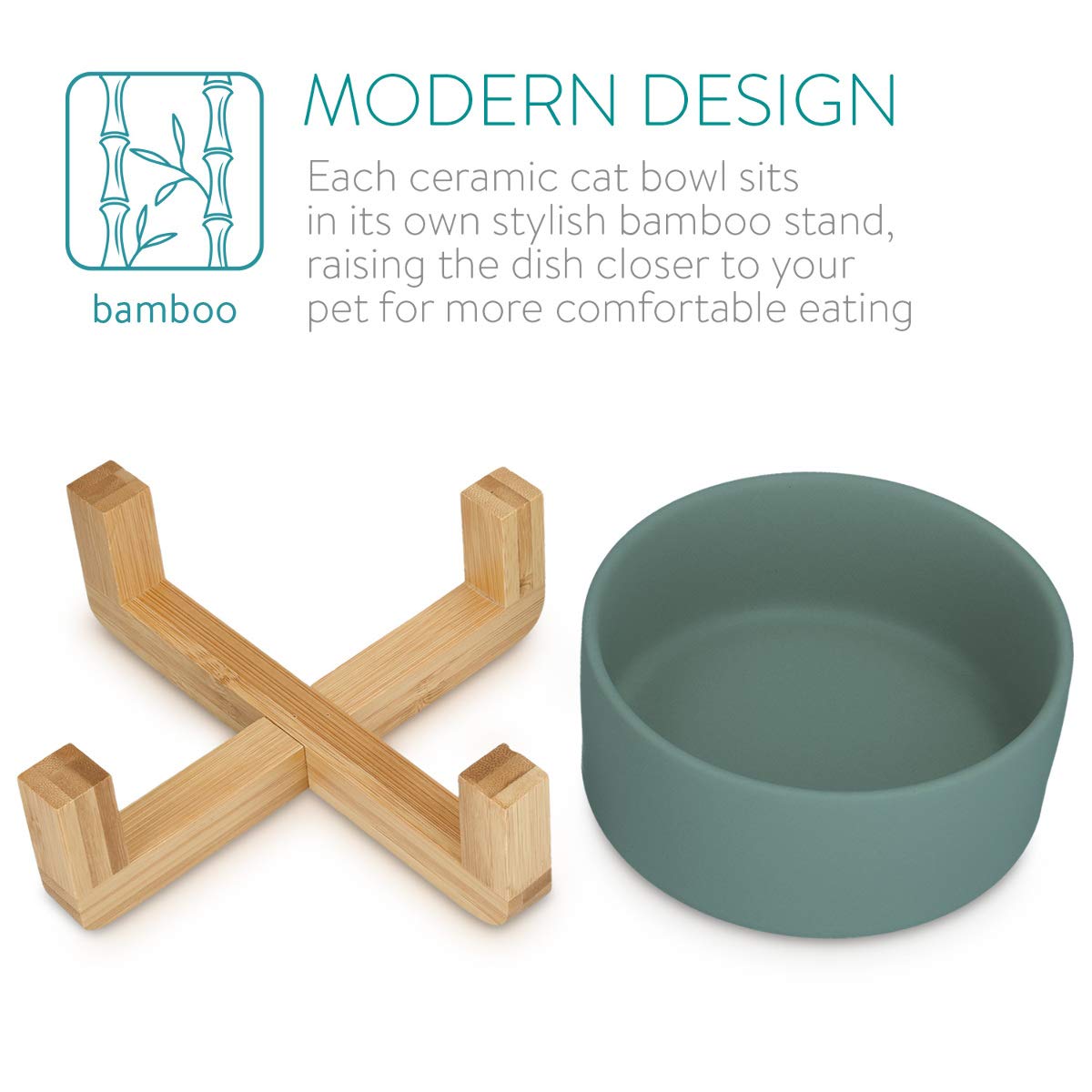 Navaris Cat Bowls with Wood Stands - Σετ με 2 Μπολ Φαγητού και Νερού με Βάση από Μπαμπού για Κατοικίδια - Green / Brown - 48350.07