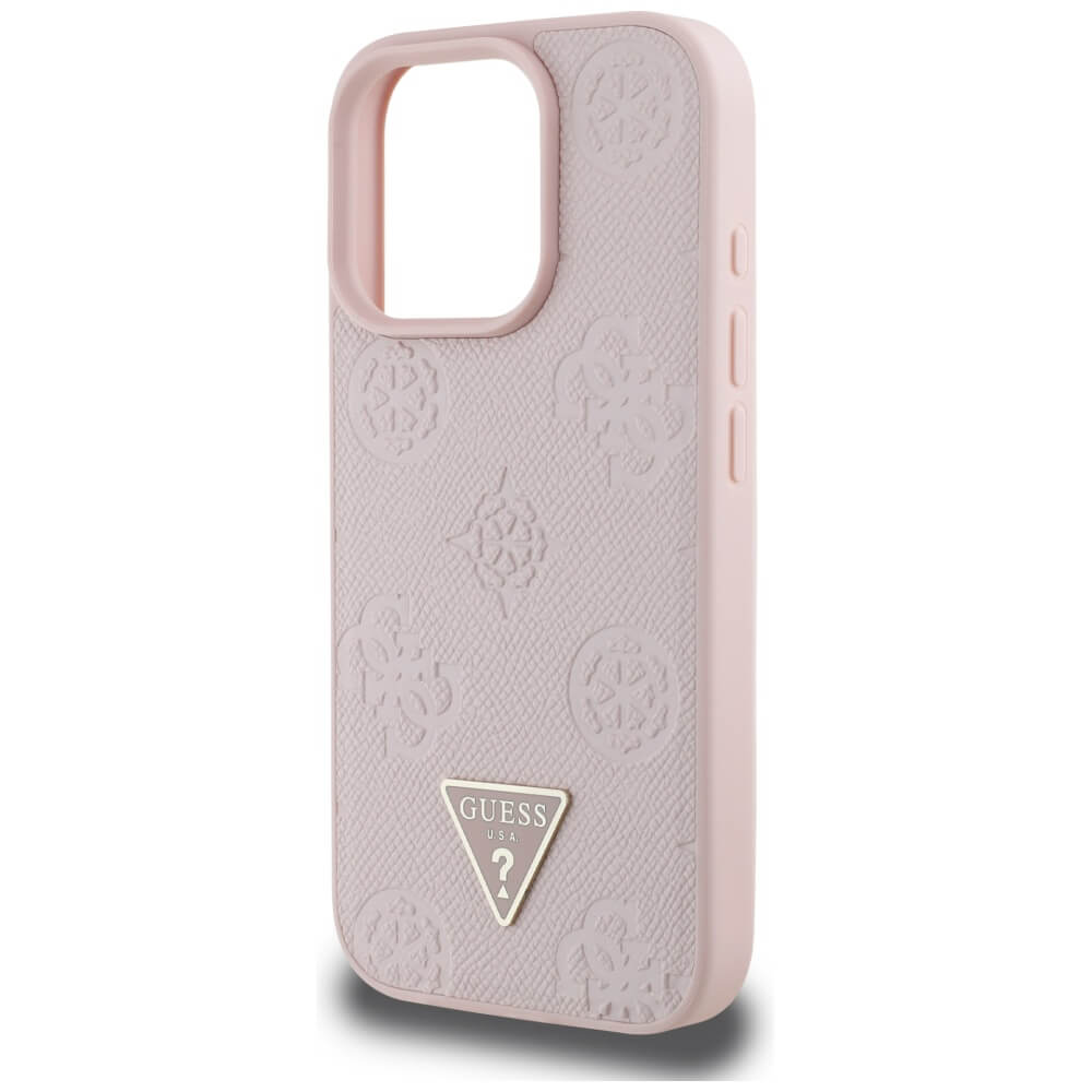 Guess iPhone 16 Pro Max - Grained Hot Stamp Peony Triangle Logo - MagSafe Σκληρή Θήκη με Επένδυση Συνθετικού Δέρματος - Pink - GUHMP16XPGBTMP