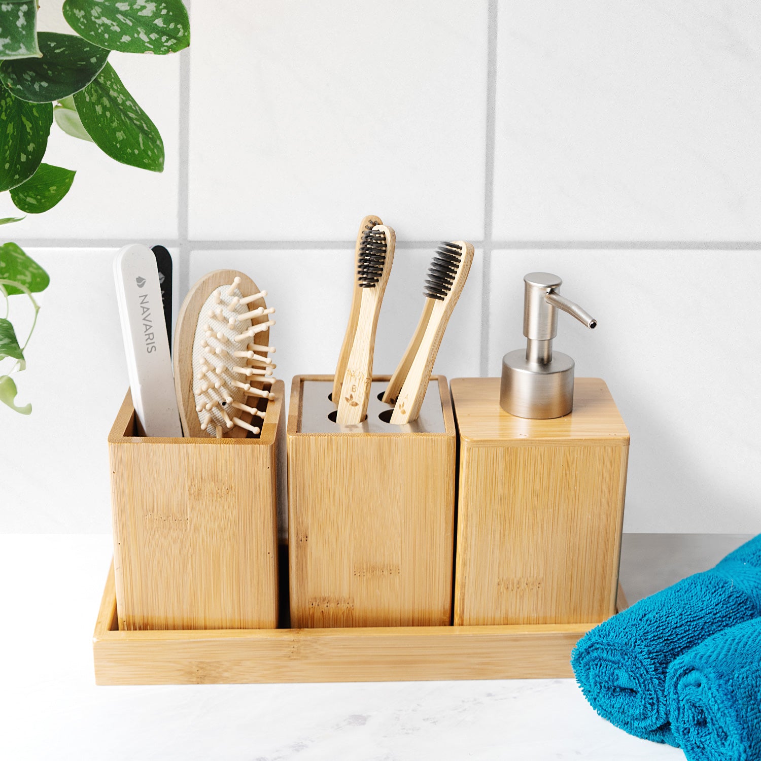 Navaris Bamboo Bathroom Accessories Ξύλινο Αξεσουάρ Μπάνιου Σετ 4 τεμαχίων από Bamboo - Natural Wood - 50084.04