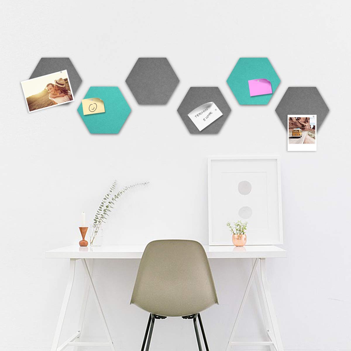 Navaris Hexagon Felt Memo Boards - Σετ με 6 Πλαίσια Ανακοινώσεων και Πινέζες - Grey - Turquoise - 46230.01