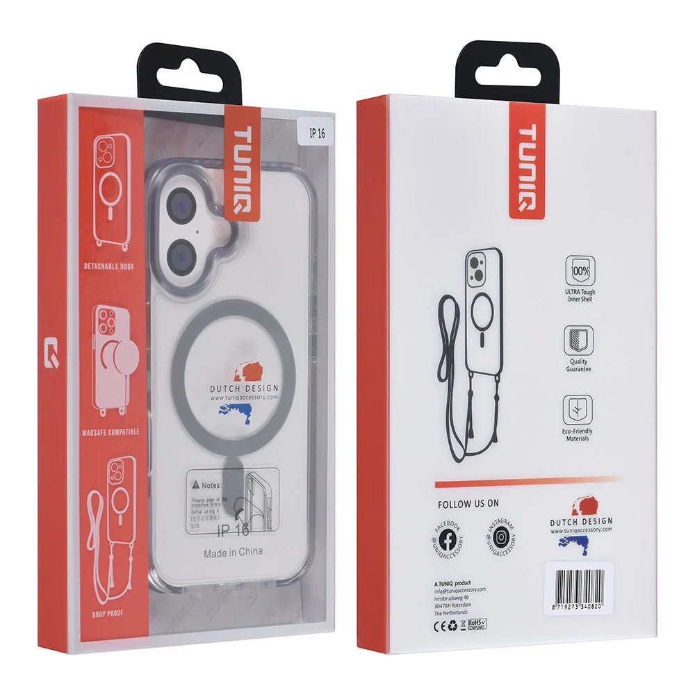 Tuniq iPhone 16 - MagSafe Σκληρή Θήκη με Πλαίσιο Σιλικόνης και Λουράκι - Διάφανη / Grey