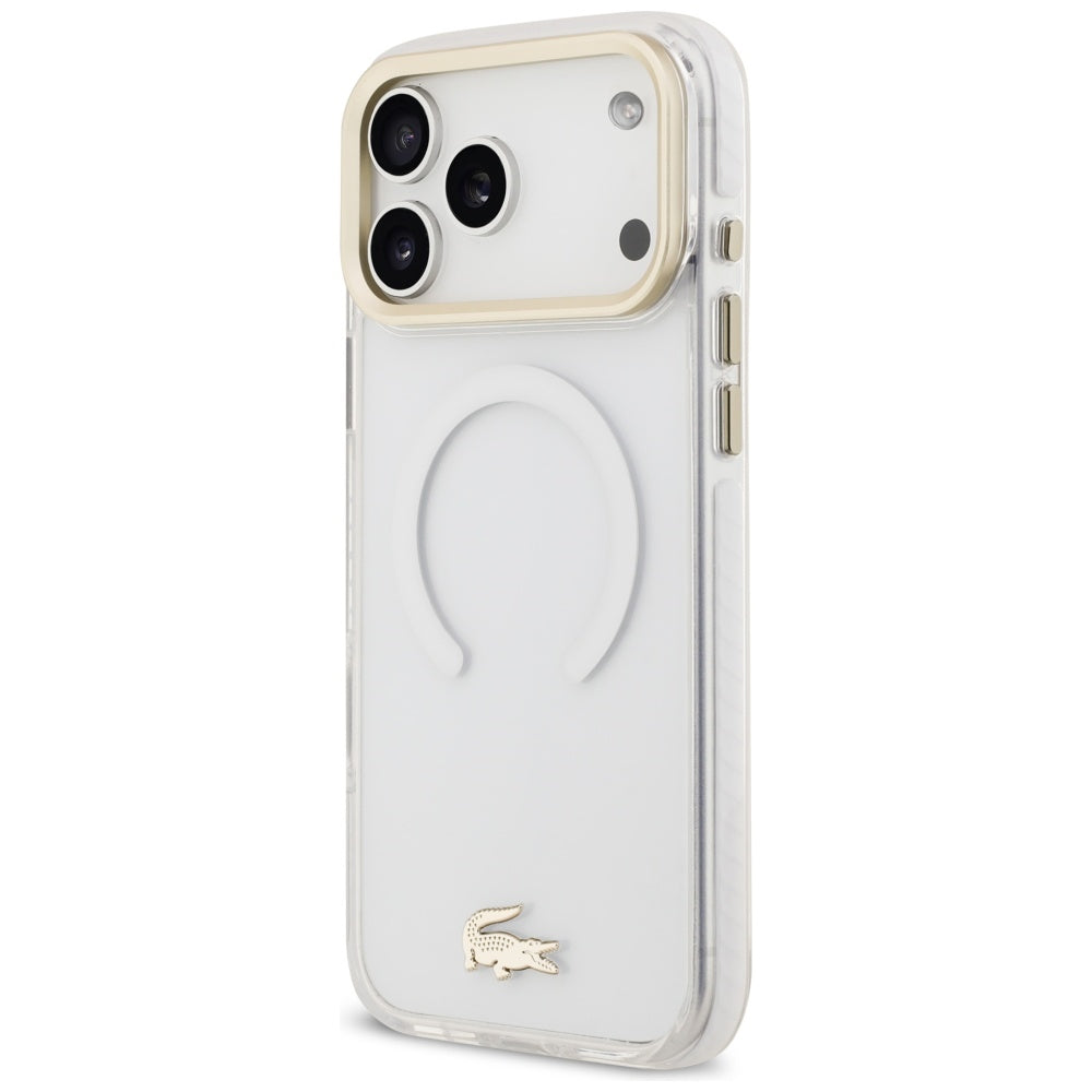 Lacoste iPhone 17 Pro Max - Shockproof Transparent Frosted Gold Logo MagSafe - Σκληρή Θήκη με Πλαίσιο Σιλικόνης - White