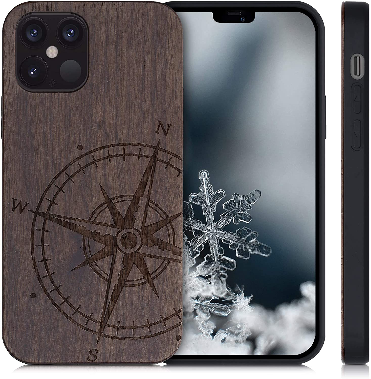 KW iPhone 12 Pro Θήκη από Φυσικό Ξύλο Design Navigational Compass - Dark Brown - 52734.01