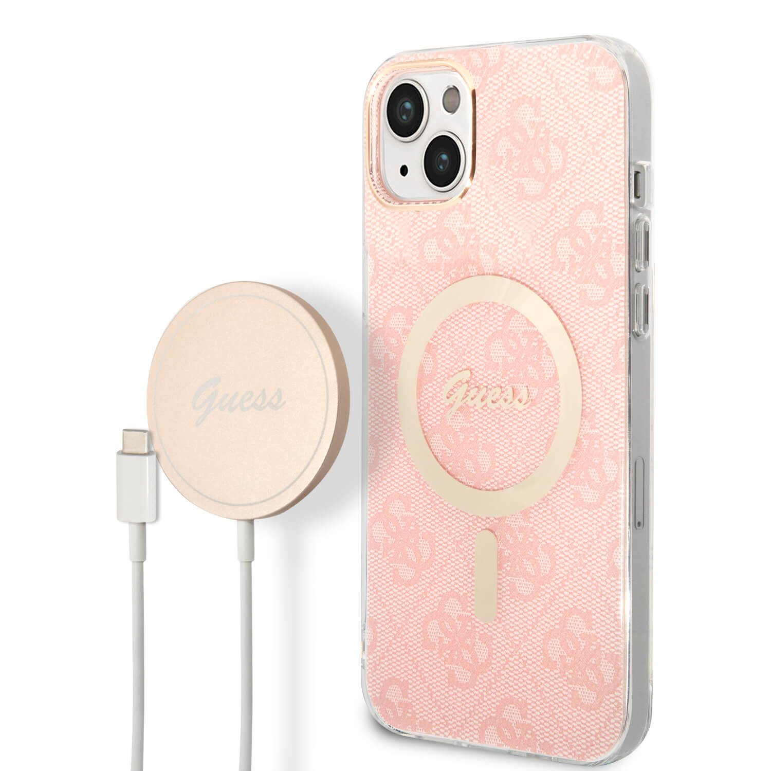 Guess iPhone 15 Plus / 14 Plus - Bundle Pack - Σετ Σκληρή Θήκη με Πλαίσιο Σιλικόνης και Ασύρματος Φορτιστής MagSafe - Design 4G Print MagSafe - Pink - GUBPP14MH4EACSP