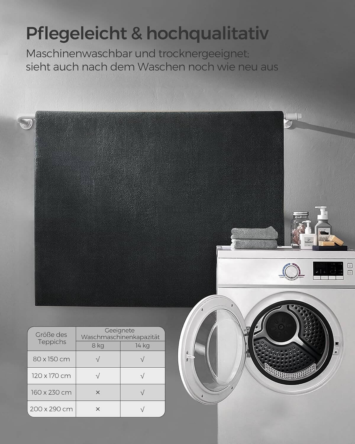Songmics Αντιολισθητικό Χαλί από Πολυεστέρα που Πλένεται στο Πλυντήριο - 120 x 170 cm - Anthracite Grey - TAR012G02