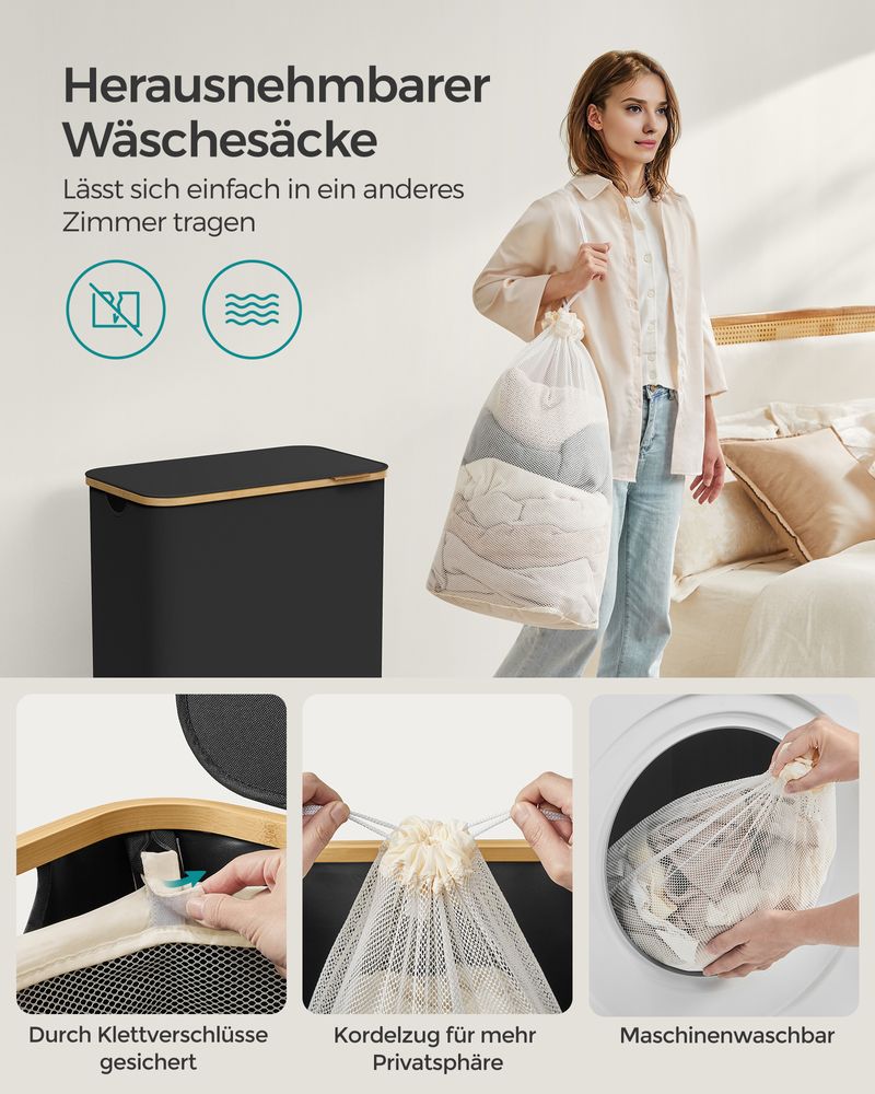 Songmics Καλάθι Απλύτων 2 Διαμερισμάτων με Καπάκι και 2 Αποσπώμενους Εσωτερικούς Σάκους - 130L - Ink Black - LCB513B01