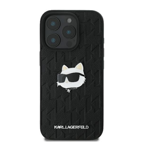 Karl Lagerfeld iPhone 16 Pro - Monogram Choupette Head Pin Σκληρή Θήκη με Επένδυση Συνθετικού Δέρματος - Black - KLHCP16LPGKLCHPK