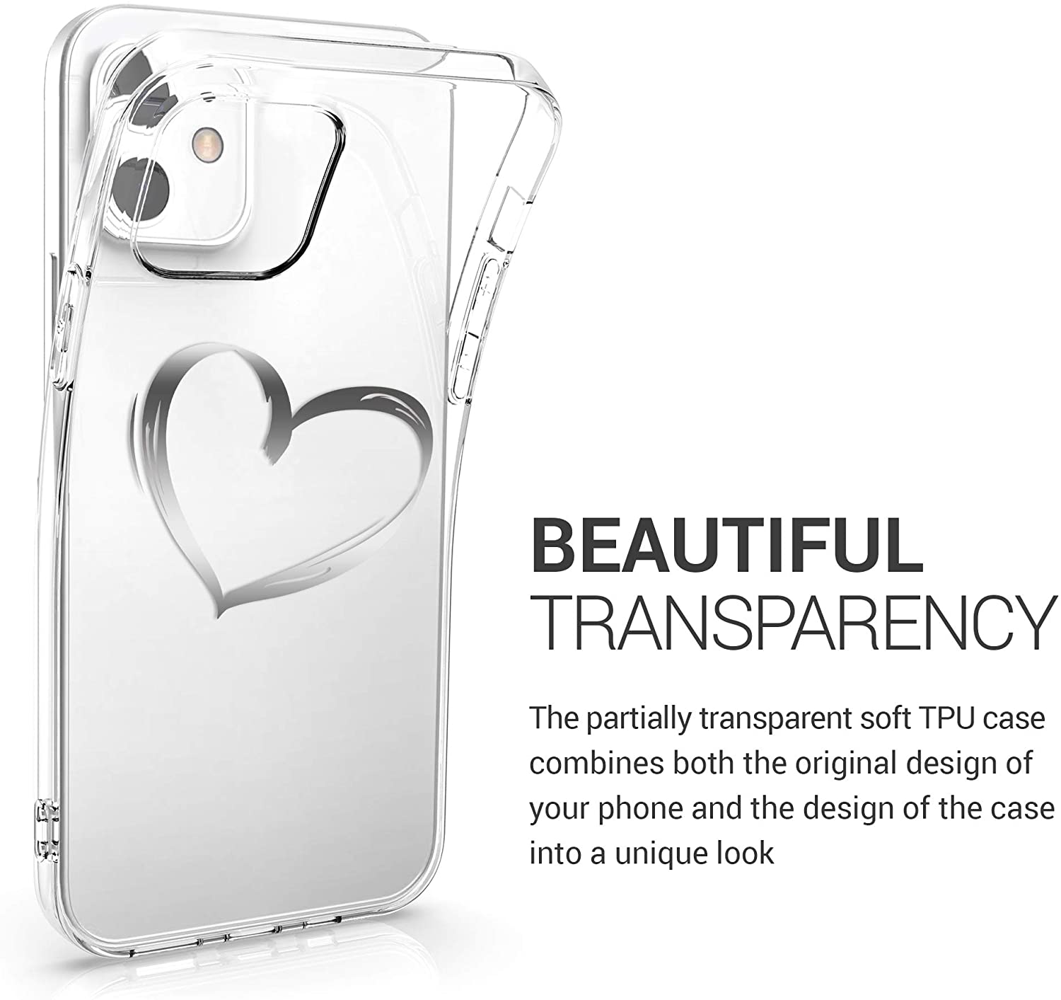 KW iPhone 12 / iPhone 12 Pro Θήκη Σιλικόνης TPU Design Brushed Heart - Διάφανη / Silver - 53035.09