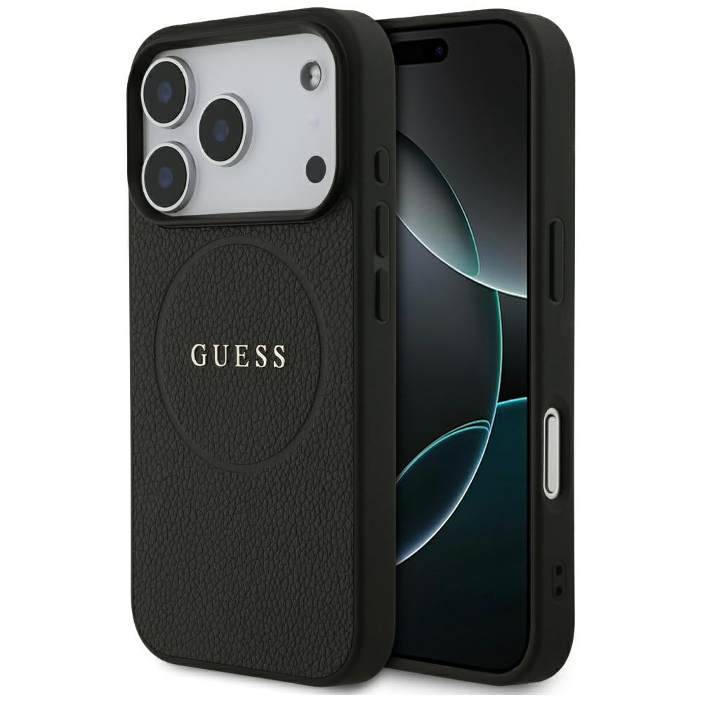Guess iPhone 17 Pro - Grained Ring MagSafe - Σκληρή Θήκη με Πλαίσιο Σιλικόνης και Οικολογικό Δέρμα - Black - GUHMP17LPGHSMMK
