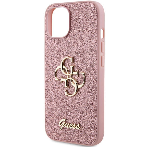 Guess iPhone 15 Glitter Script Big 4G Σκληρή Θήκη με Πλαίσιο Σιλικόνης - Pink - GUHCP15SHG4SGP