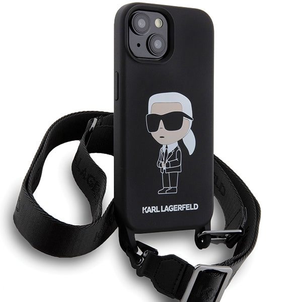Karl Lagerfeld iPhone 15 Crossbody Silicone Ikonik Σκληρή Θήκη με Πλαίσιο Σιλικόνης και Λουράκι - Black - KLHCP15SSCBSKNK