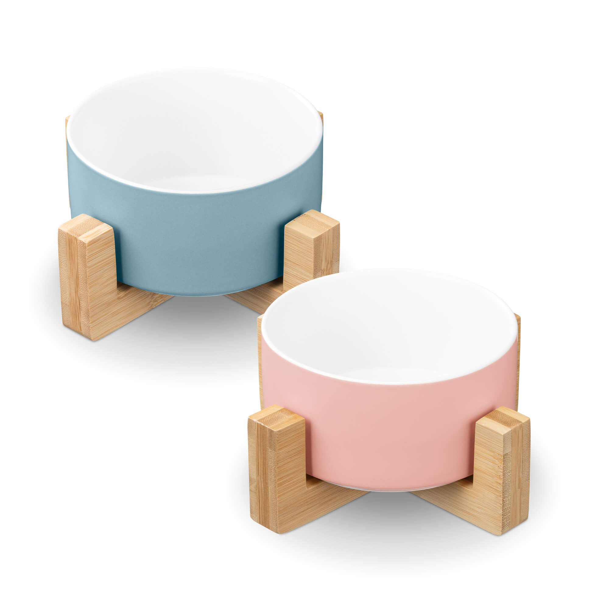 Navaris Σετ με 2 Κεραμικά Μπολ Φαγητού και Νερού 550ml με Βάση από Μπαμπού για Κατοικίδια - Blue - Pink - 55428.1.33