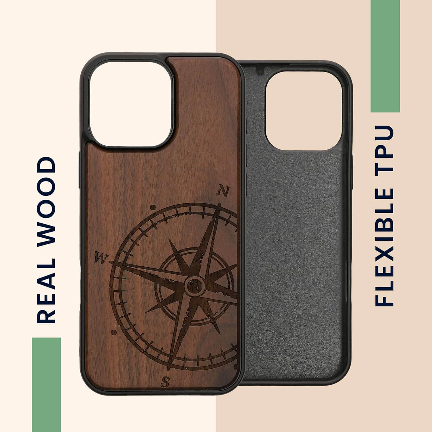KW iPhone 16 Pro Max Θήκη από Φυσικό Ξύλο Design Navigational Compass - Dark Brown