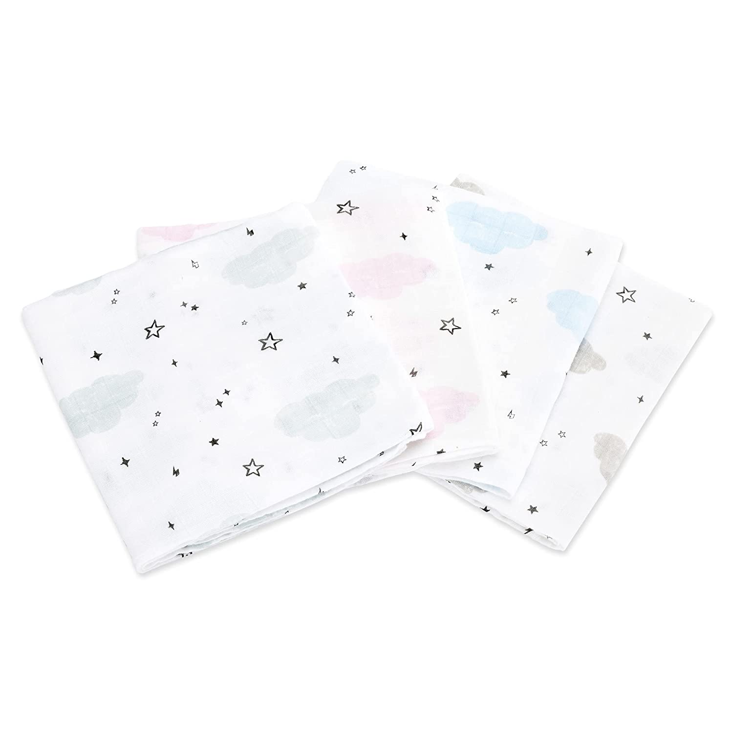 Navaris Σετ με 4 Πάνες Αγκαλιάς από Μουσελίνα για Μωρά - 80 x 80 cm - Design Stars - White - 51484.03