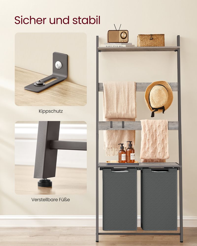 Vasagle Καλάθι Απλύτων 2 Διαμερισμάτων με Ράφι και Βάση για Πετσέτες - 73 x 33 x 177 cm - 92L - Greige / Grey - BLH221G01