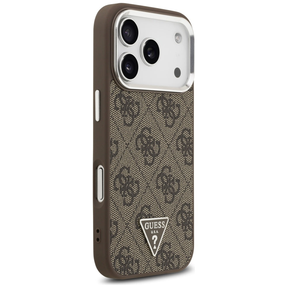 Guess iPhone 17 Pro - 4G Triangle Logo MagSafe - Σκληρή Θήκη με Πλαίσιο Σιλικόνης και Επένδυση Συνθετικού Δέρματος - Brown / Silver - GUHMP17LP4TSRCMW