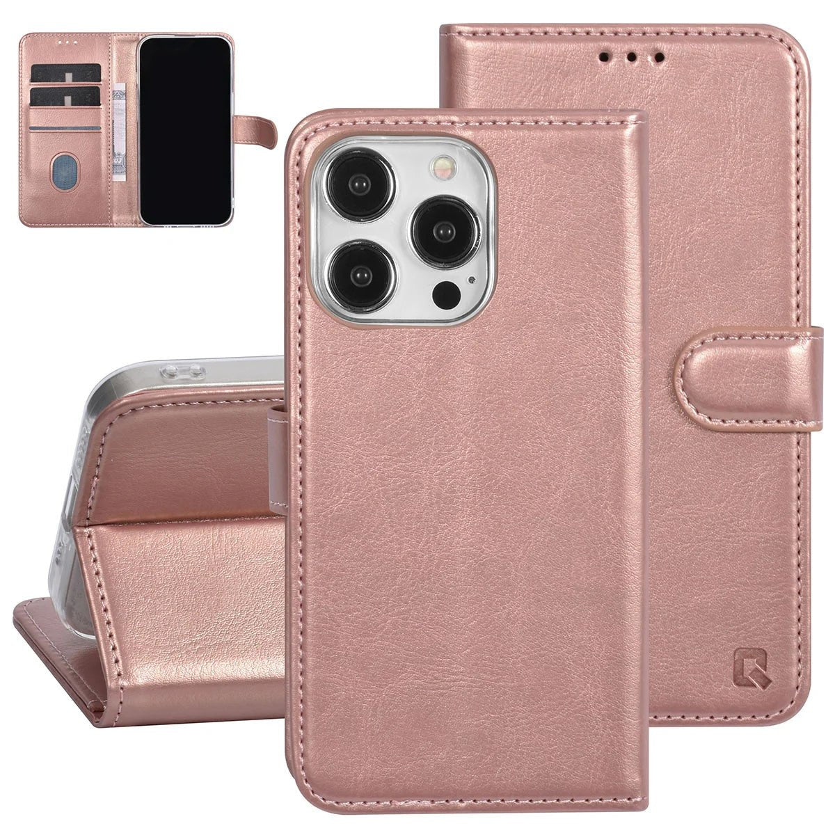 Tuniq iPhone 15 Pro - Θήκη Πορτοφόλι Stand από Δερματίνη - Rose Gold