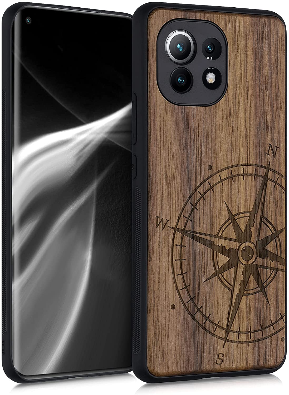 KW Xiaomi Mi 11 Θήκη από Φυσικό Ξύλο - Design Navigational Compass - Dark Brown - 54662.01