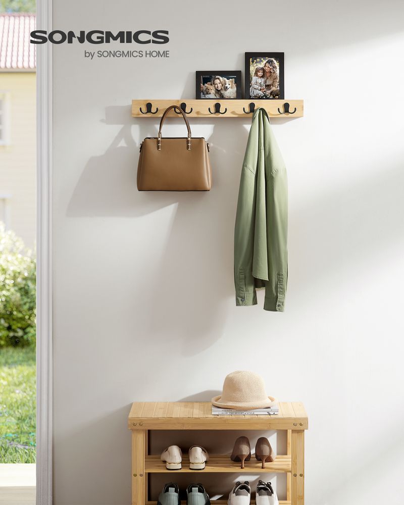 Songmics Επιτοίχια Ξύλινη Κρεμάστρα από Μπαμπού με 5 Μεταλλικούς Γάντζους και Ράφι - Natural Beige - LCR005N01