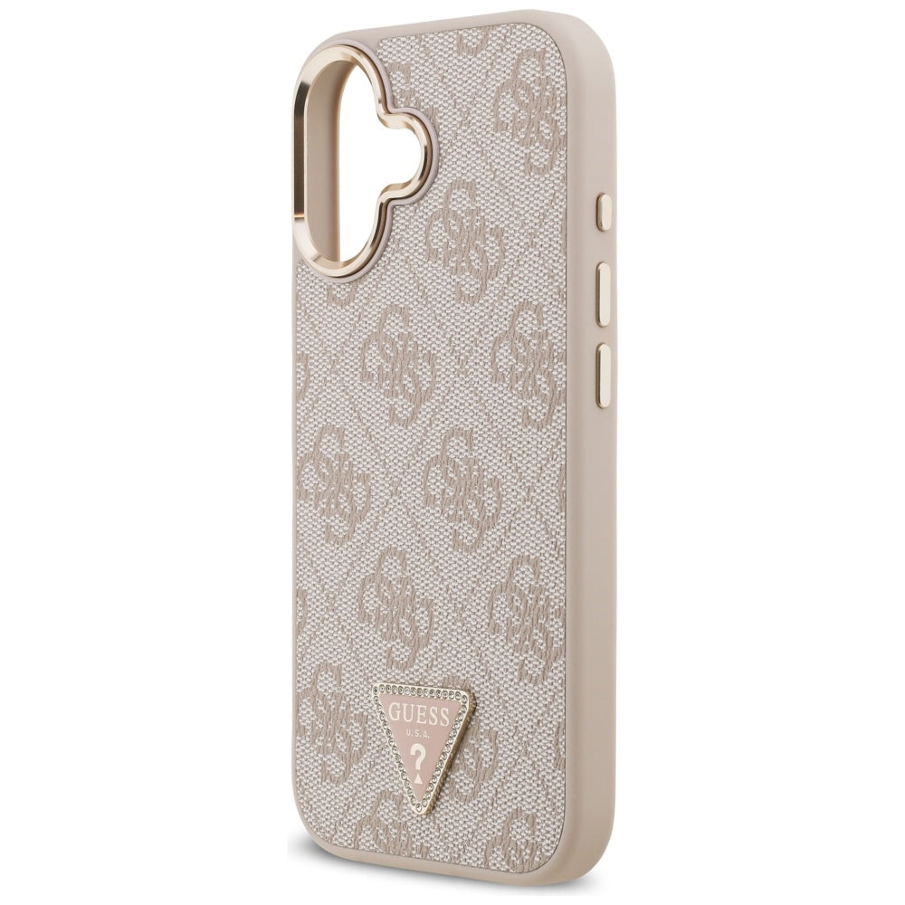 Guess iPhone 17 - 4G Triangle Strass Logo MagSafe - Σκληρή Θήκη με Επένδυση Συνθετικού Δέρματος - Pink / Gold - GUHMP17SP4GTDGMP