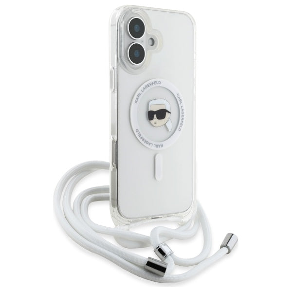 Karl Lagerfeld iPhone 16 - Crossbody IML Karl Head - MagSafe Σκληρή Θήκη με Πλαίσιο Σιλικόνης και Λουράκι - Διάφανη - KLHMP16SHCKHNT