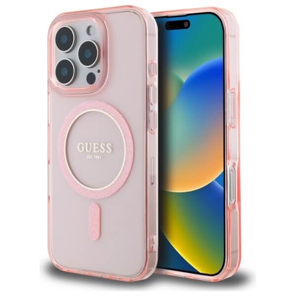 Guess iPhone 16 Pro Max - IML Glitter Circle - MagSafe Σκληρή Θήκη με Πλαίσιο Σιλικόνης - Pink - GUHMP16XHFGEREP