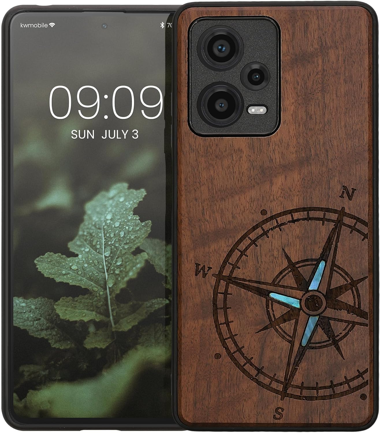 KW Xiaomi Redmi Note 12 Pro+ Θήκη από Φυσικό Ξύλο - Design Navigational Compass Mother of Pearl - Dark Brown