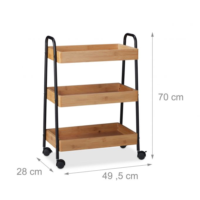 Relaxdays Καρότσι Σερβιρίσματος με 3 Ράφια από Μπαμπού - 70 x 49,5 x 28 cm - Natural / Black - 4052025250034