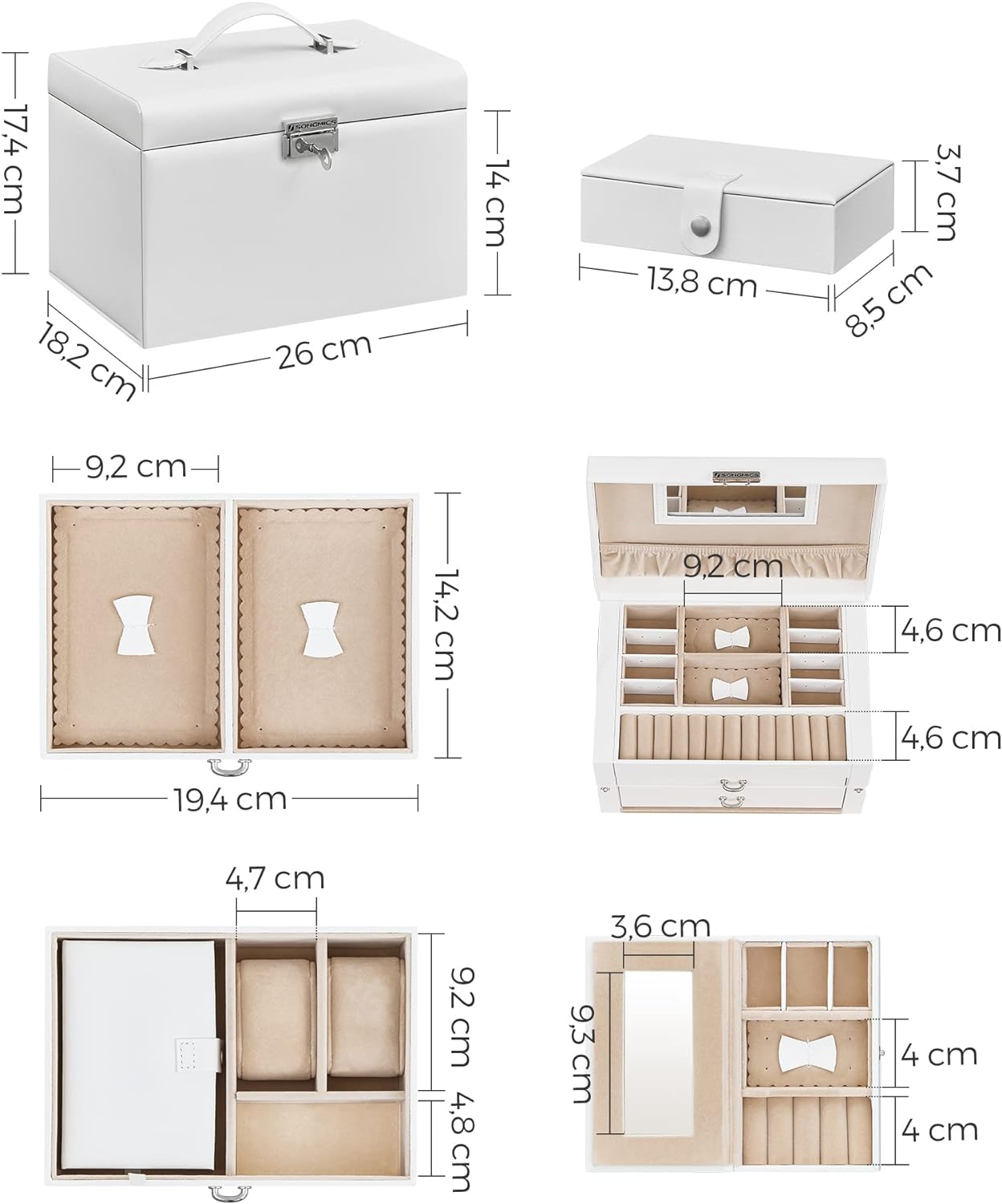Songmics Φορητό Κουτί Αποθήκευσης Κοσμημάτων 3 Επιπέδων με Καθρέπτη και Κλειδαριά - White - JBC121W