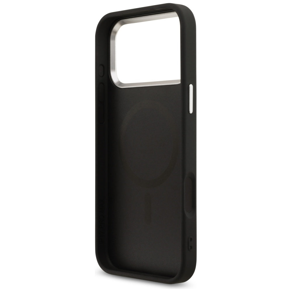 Guess iPhone 17 Pro Max - 4G Triangle Logo MagSafe - Σκληρή Θήκη με Πλαίσιο Σιλικόνης και Επένδυση Συνθετικού Δέρματος - Black / Silver - GUHMP17XP4TSRCMK