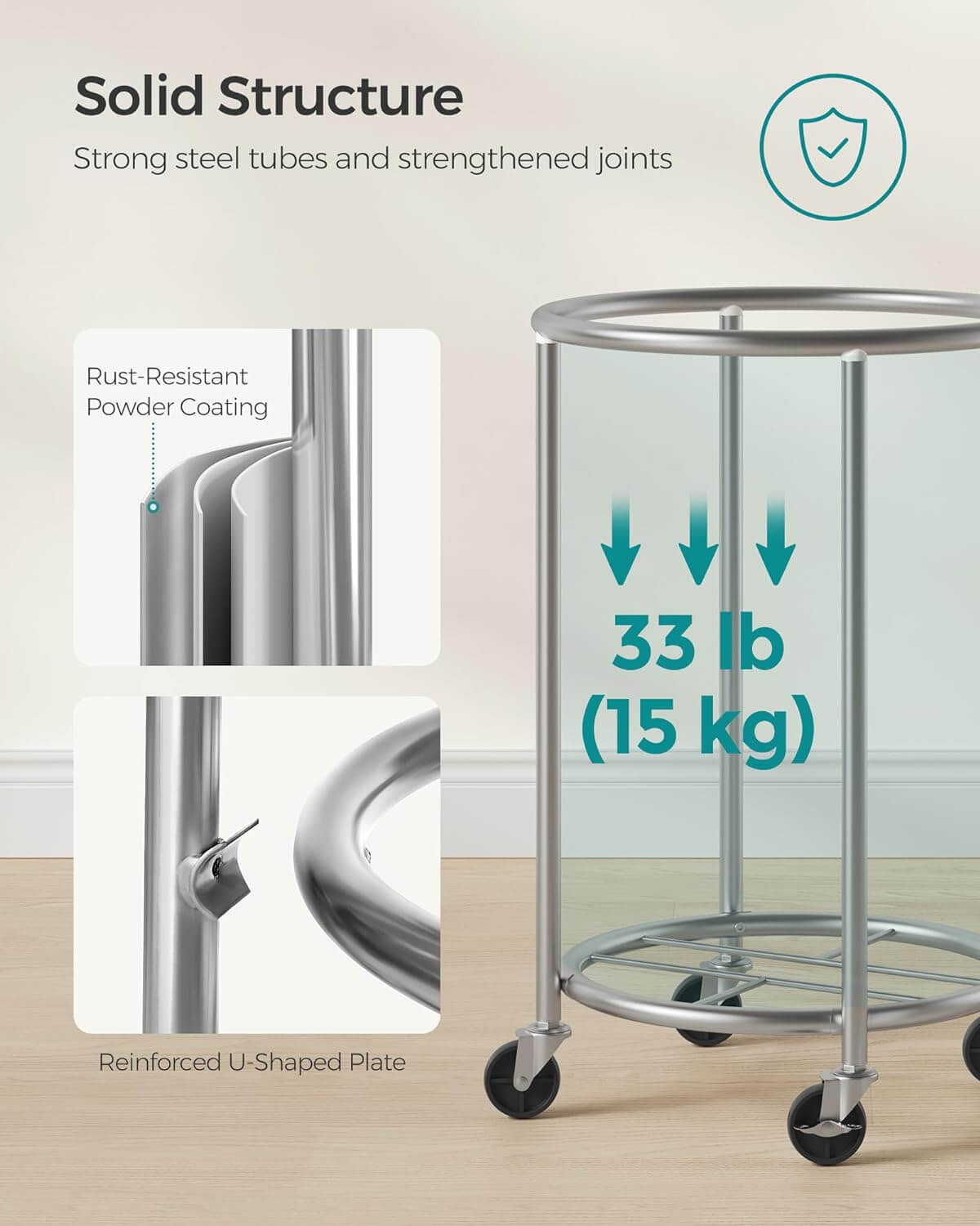 Songmics Τροχήλατο Καλάθι Απλύτων με Ατσάλινο Σκελετό και Αποσπώμενη Θήκη Ρούχων - 70L - Black / Silver - RLS006B01