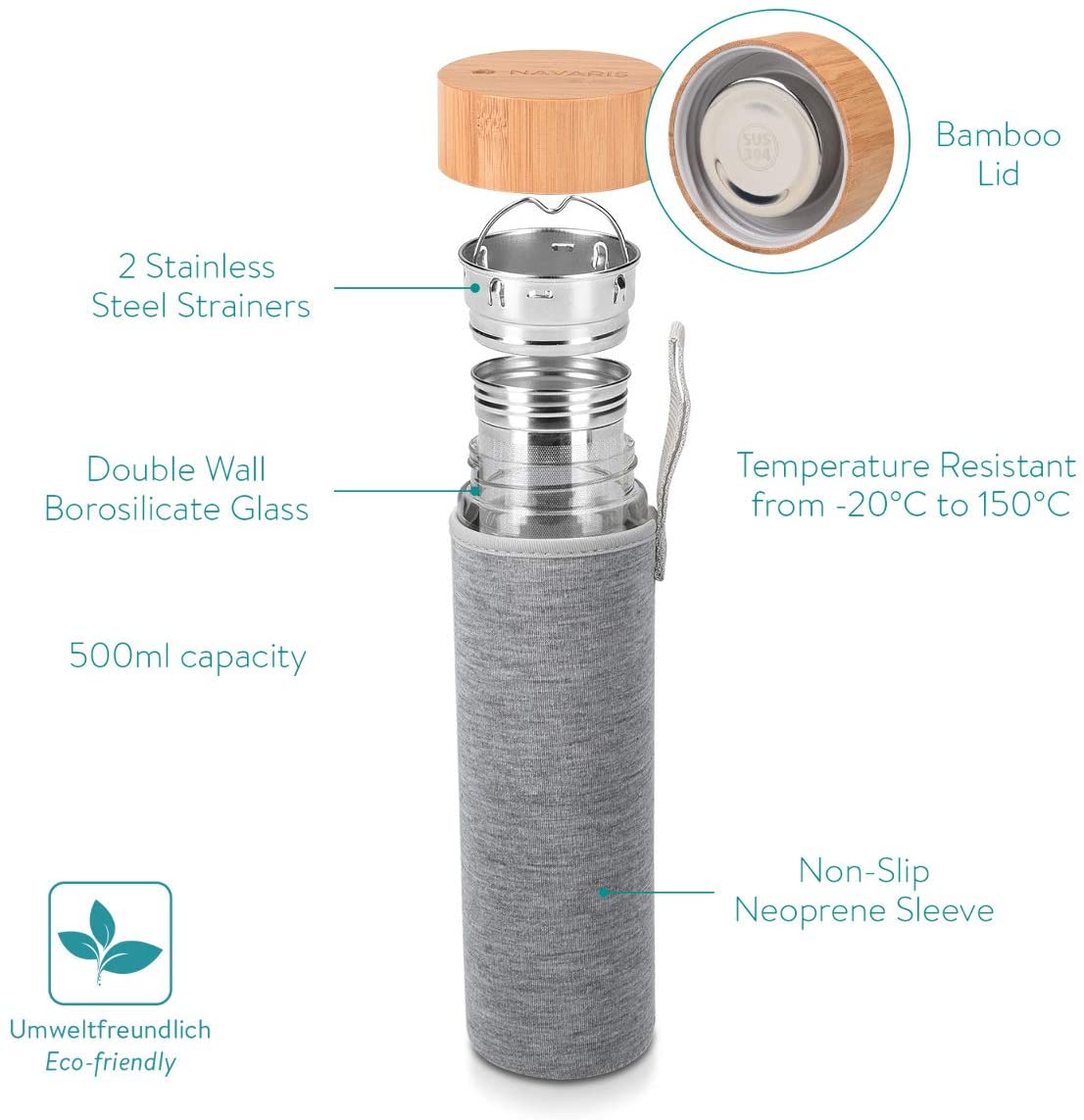 Navaris Γυάλινο Μπουκάλι Τσαγιού με Θήκη μεταφοράς - 500ml - Design Snowflakes - Clear - 45888.2.04