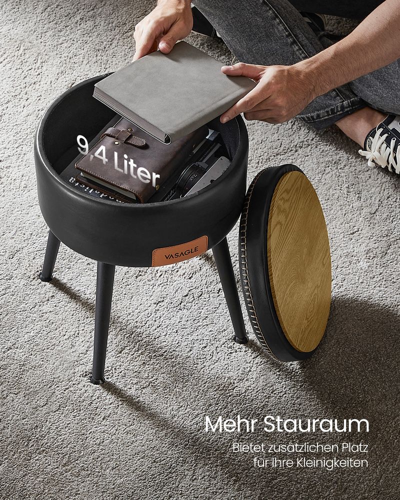 Vasagle EKHO Σκαμπό με Αποθηκευτικό Χώρο από Συνθετικό δέρμα και Ατσάλινα Πόδια - 38.2 x 44.4 cm - Ink Black - LOM005B01