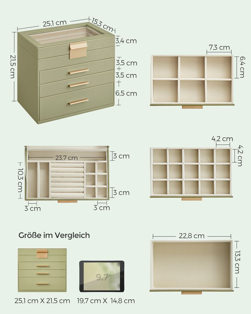 Songmics Φορητό Κουτί Αποθήκευσης Κοσμημάτων με Γυάλινο Καπάκι - Laurel Green / Gold - JBC161C02