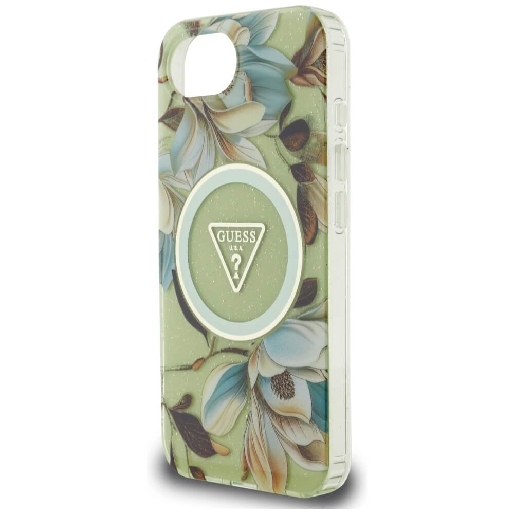 Guess iPhone 16e - IML Metal Glitter Flowers Triangle MagSafe - Σκληρή Θήκη με Πλαίσιο Σιλικόνης και MagSafe - Green - GUHMPSE4HFLPEDN