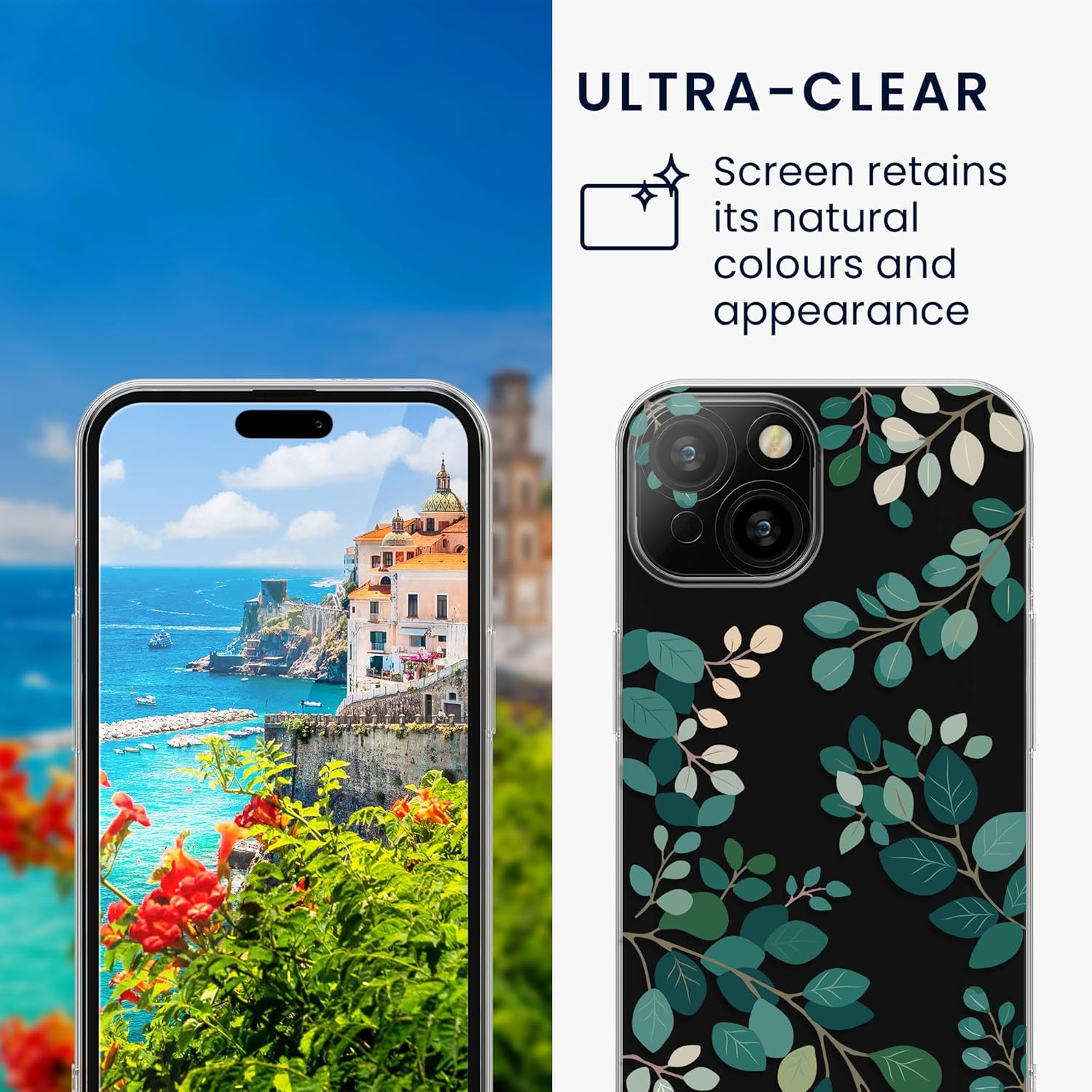 KW iPhone 15 Θήκη Σιλικόνης TPU με Αντιχαρακτικό Γυαλί - Design Spring Leaves - Green / Διάφανη