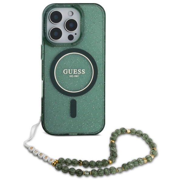 Guess iPhone 16 Pro - IML Glitter Circle With Pearl Strap MagSafe - Σκληρή Θήκη με Πλαίσιο Σιλικόνης και Λουράκι - Green - GUHMP16LHGCRELSA