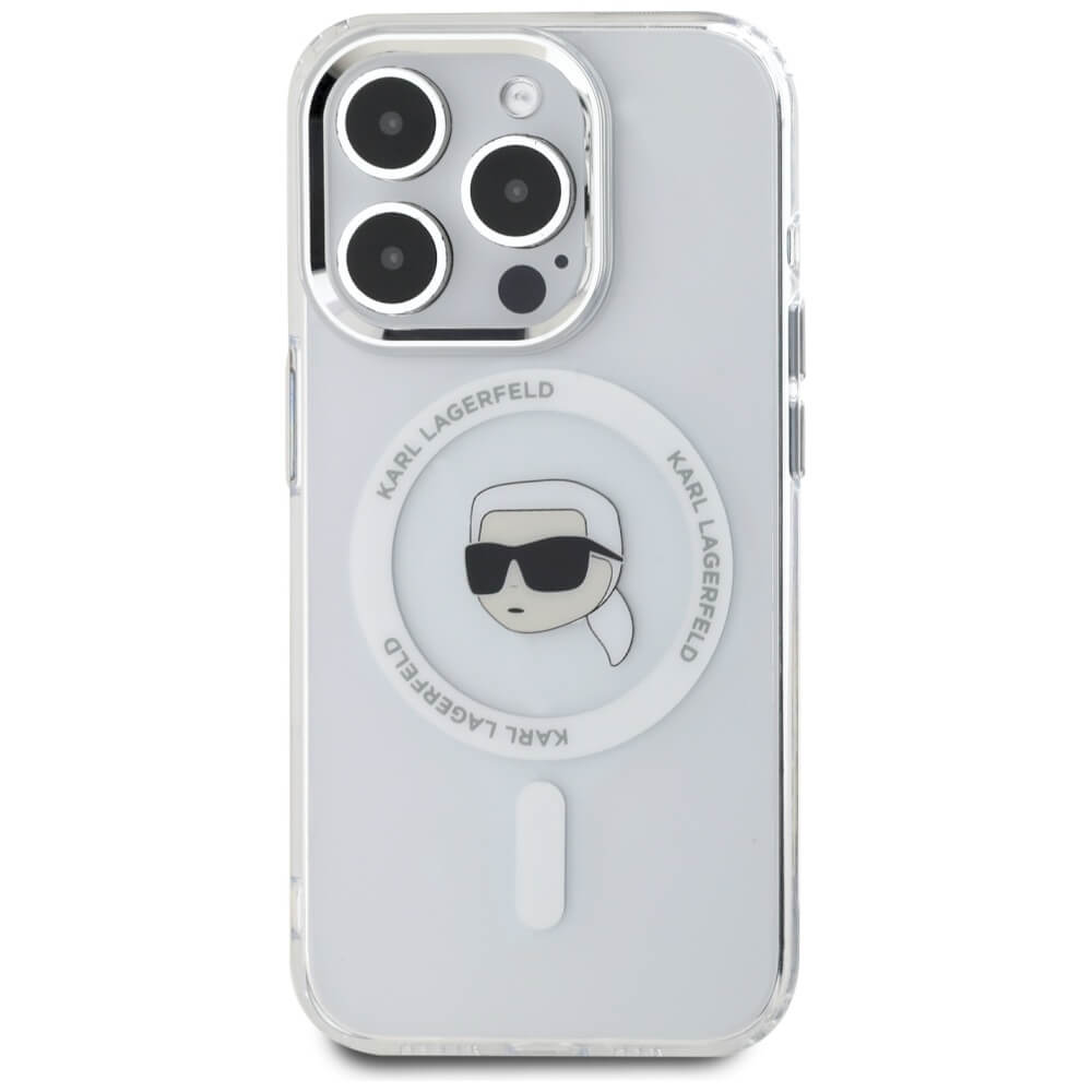 Karl Lagerfeld iPhone 15 Pro Max - IML Metal Karl Head - MagSafe Σκληρή Θήκη με Πλαίσιο Σιλικόνης - White - KLHMP15XHLSKIH
