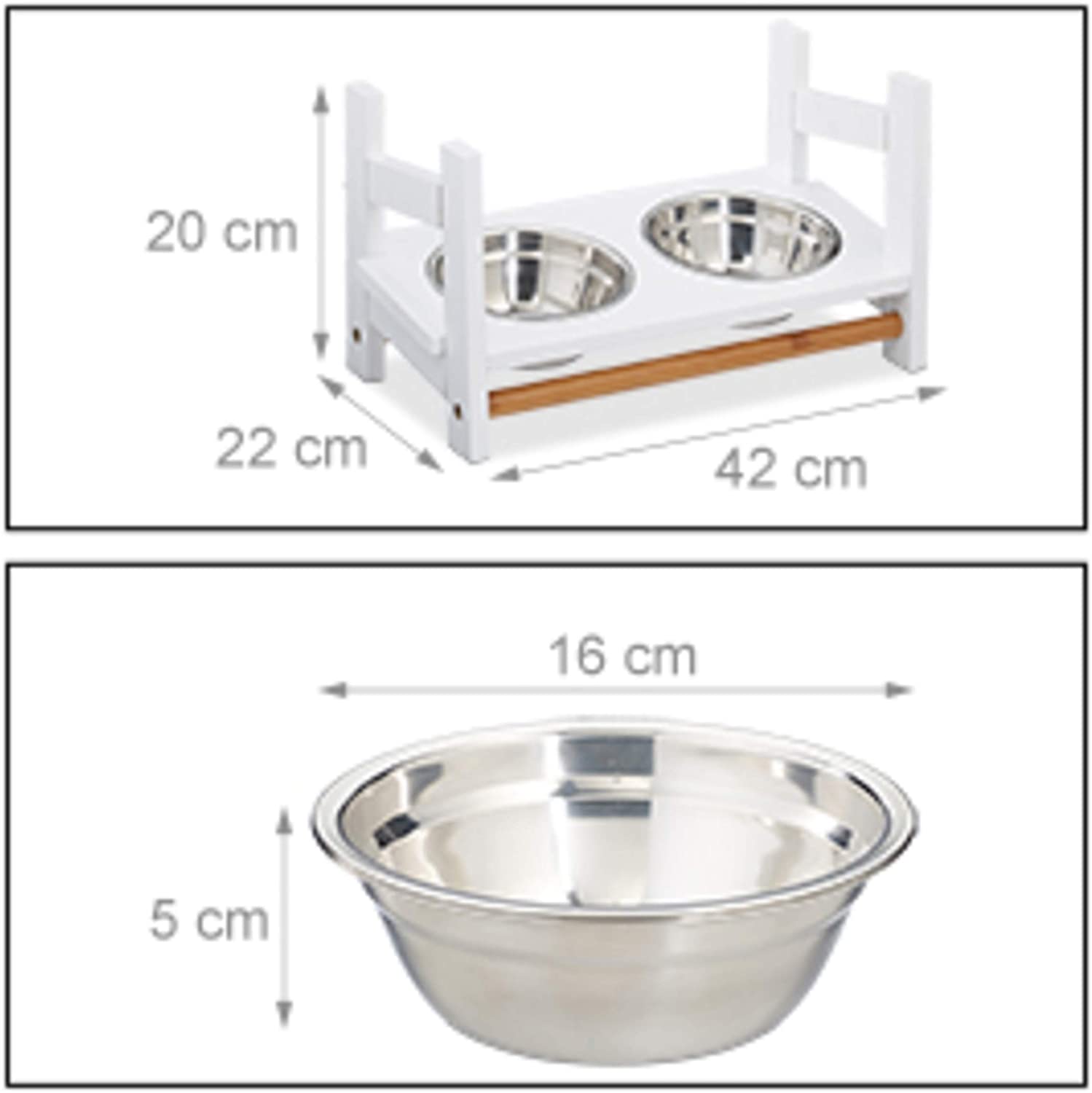 Relaxdays Ρυθμιζόμενη Ξύλινη Βάση με 2 Μπολ 500ml από Ανοξείδωτο Ατσάλι - Small - 4052025923655